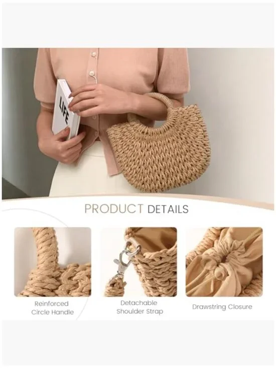 Straw Crossbody Bag for Women, Woven Hobo Purse, Summer Beach Accessory - Picture 4 of 7